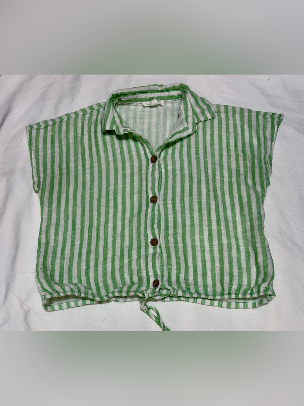 BeachLunchLounge XS Green White Stripe Cotton Tie Hem Button Top